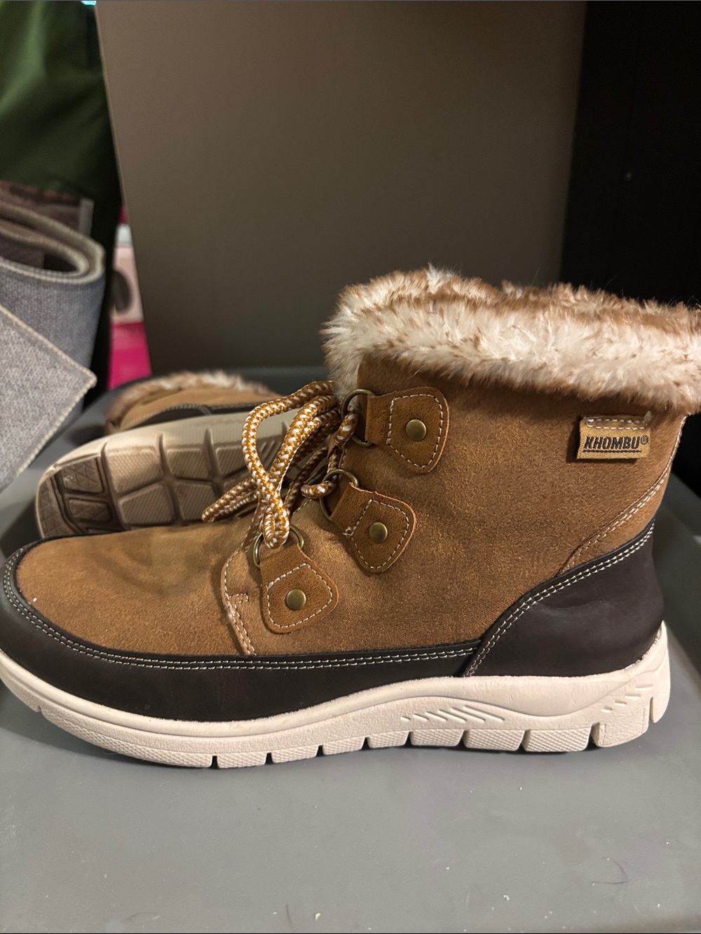 Khombu Chestnut Brown Faux Fur ankle Lace-Up Ankle Boot